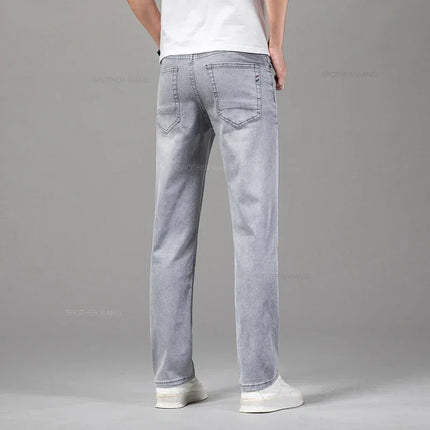Summer Thin Men's Elastic Cotton Jeans Fashion Gray Comfortable Business Straight Casual Pants Brand Male Clothes Trousers PlatiNum