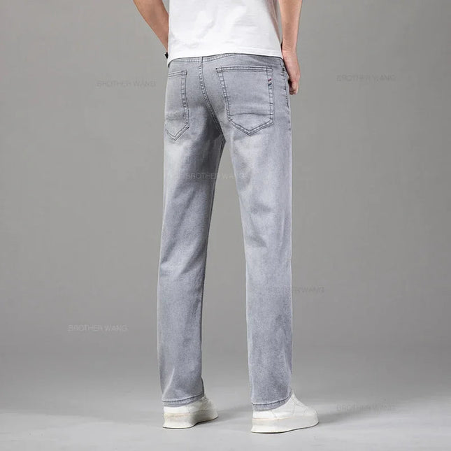 Summer Thin Men's Elastic Cotton Jeans Fashion Gray Comfortable Business Straight Casual Pants Brand Male Clothes Trousers PlatiNum