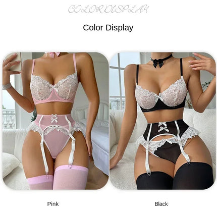 Pink See Through Lace Bra Panties with Garter Set Women's Sexy Lingerie Set Underwear Erotic Porn Costume Babydoll