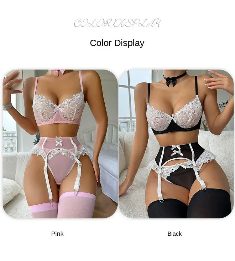 Pink See Through Lace Bra Panties with Garter Set Women's Sexy Lingerie Set Underwear Erotic Porn Costume Babydoll