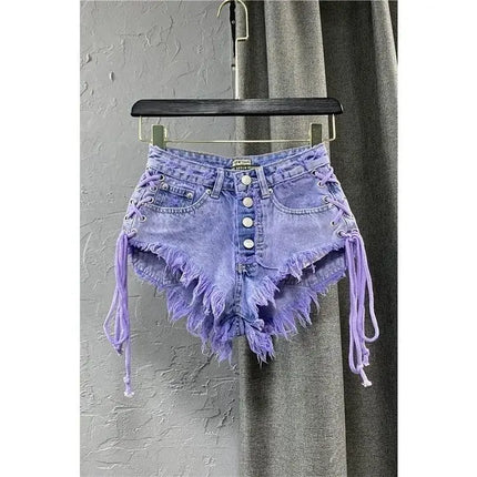 Nuovi Shorts Estivi da Donna 2026 Viola, Sexy a Vita Bassa, con Bottoni, in Denim a Trapezio con Bretelle, Hot Pants Femminili