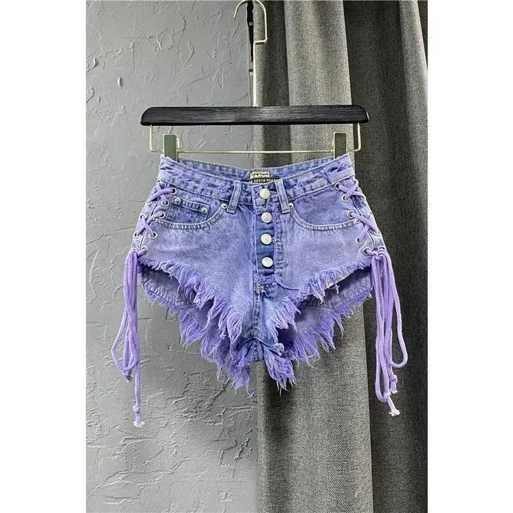 Nuovi Shorts Estivi da Donna 2026 Viola, Sexy a Vita Bassa, con Bottoni, in Denim a Trapezio con Bretelle, Hot Pants Femminili