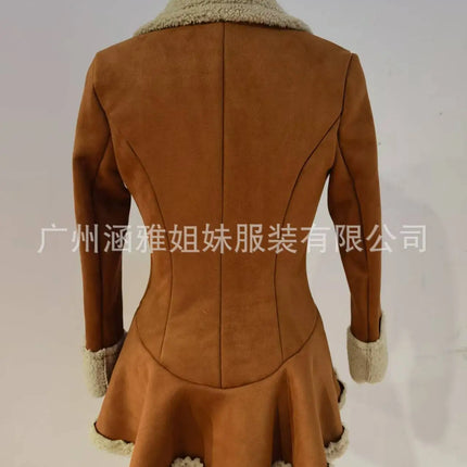 Women's Vintage Suede Coat Fur Collar Lapel  Beggar Style