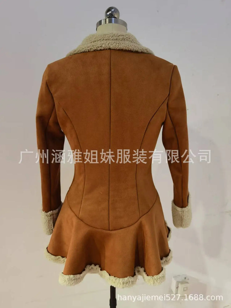 Women's Vintage Suede Coat Fur Collar Lapel  Beggar Style