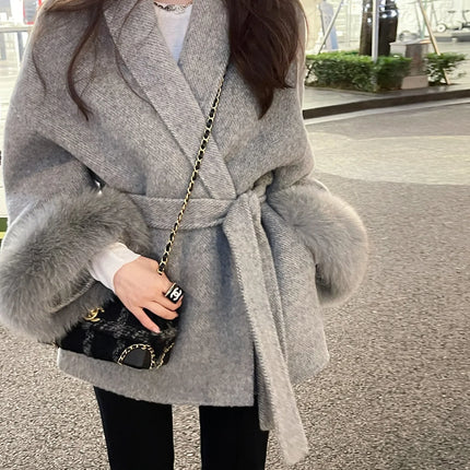 High End Double-sided Wool Strapping Real Wool Fur Coat Women's Removable Cuffs Fox Fur Temperament Cashmere Short Jacket