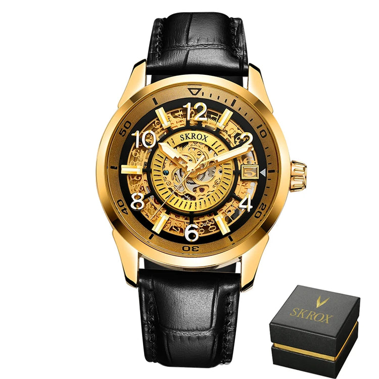 SKROX Original Gold Skeleton Automatic Movement Men's Watch Mechanical Waterproof Male Wrist Watches Leather Strap Luxury Clock