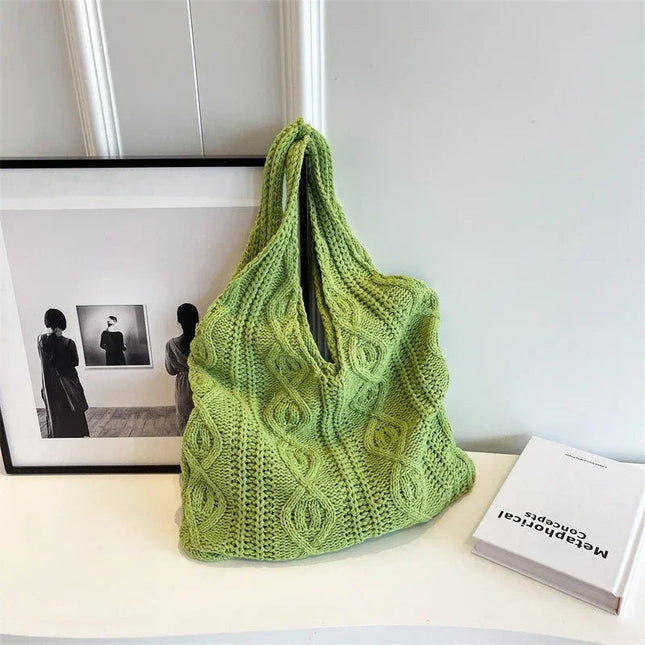 Vintage Knitting Bag 5 Colors Ladies Handbag Vintage Knit Tote Bag Wool Versatile Shoulder Bag For Shopping Daily Work School PlatiNum