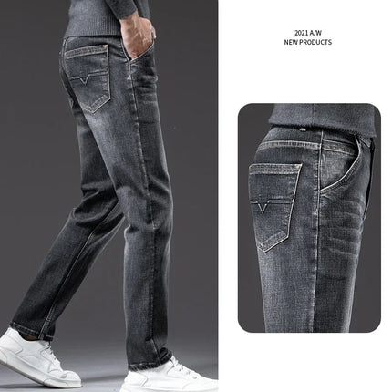 Autumn Men's Business Straight Fit Jeans Vintage Blue Smoke Gray Stretch Trousers Soft Comfortable Fabric Denim Pants Male PlatiNum