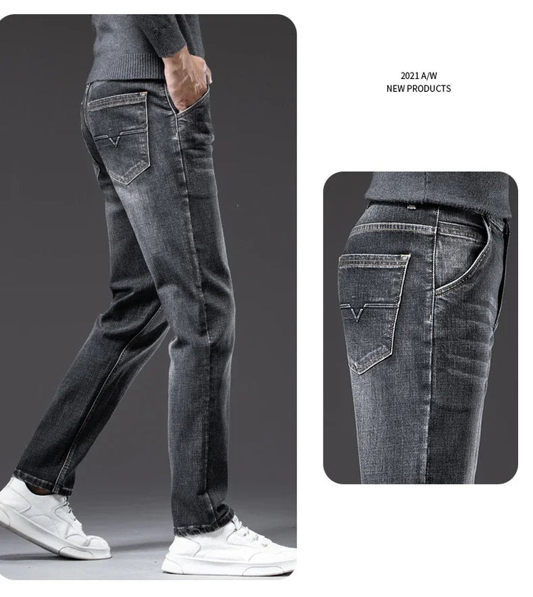 Autumn Men's Business Straight Fit Jeans Vintage Blue Smoke Gray Stretch Trousers Soft Comfortable Fabric Denim Pants Male PlatiNum