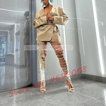 Fur Hide Lace Up Over Knee Sandals Women Wild Sexy Cross Tied High Heels Puttee Shoes Ladies Cutout Party Pointy Long Sandals