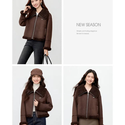 SENTUBILA Women's Faux Suede Coat Plush Lapel Zipper Faux Leather Cropped Jacket 2026 Winter Retro Ladies Outerwear W54PD5913