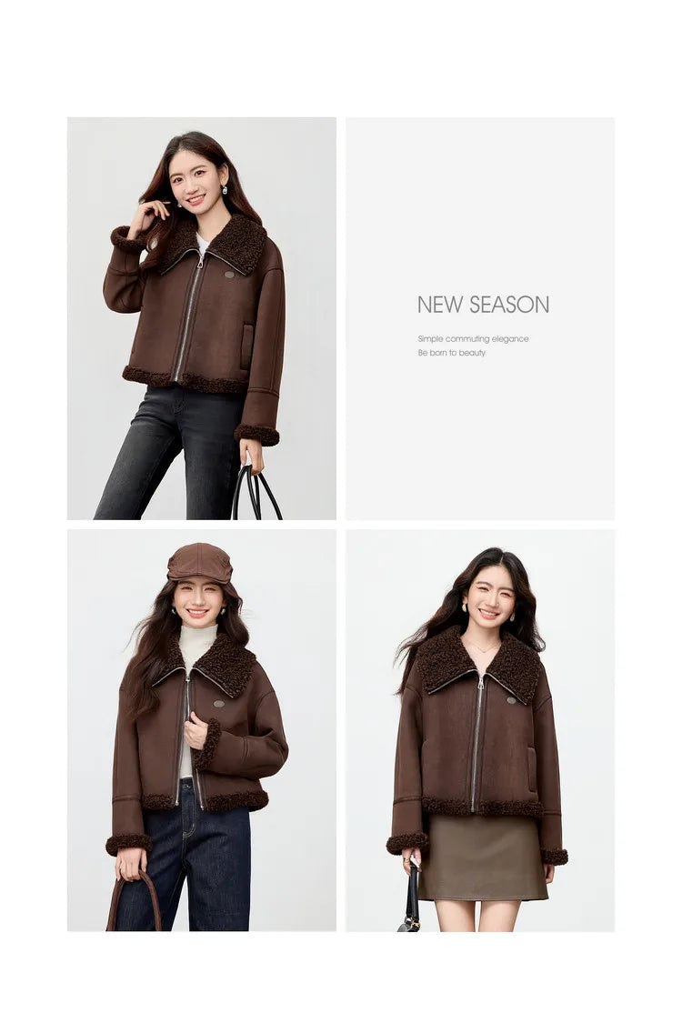 SENTUBILA Women's Faux Suede Coat Plush Lapel Zipper Faux Leather Cropped Jacket 2026 Winter Retro Ladies Outerwear W54PD5913