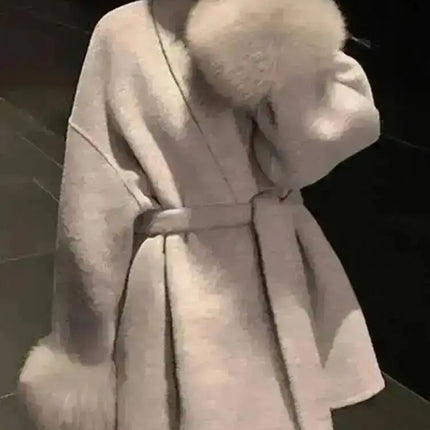 UCXQ Elegant OL Office Lady Overcoats Fur Patchwork Long Sleeve Woolen Coat Beautiful Women's Clothing Jacket Autumn 2025 Winter