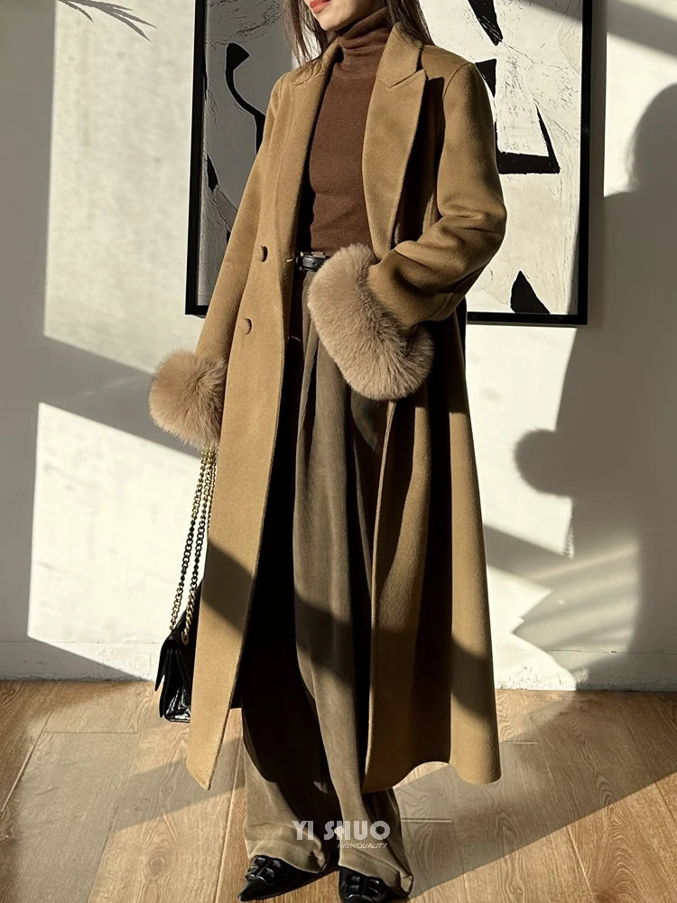Autumn Winter Korean High-end Real Fox Fur Sleeves Women Black Slim Fit Waist Cinched Double-sided Wool Coat Long Woolen Coat