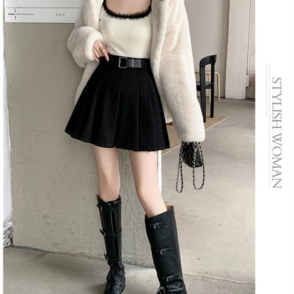Vintage Winter Pleated Mini Skirt Women Streetwear High Waist Woolen Cute Skater Skirts With Shorts Belt Grey Black Skirt Woman PlatiNum