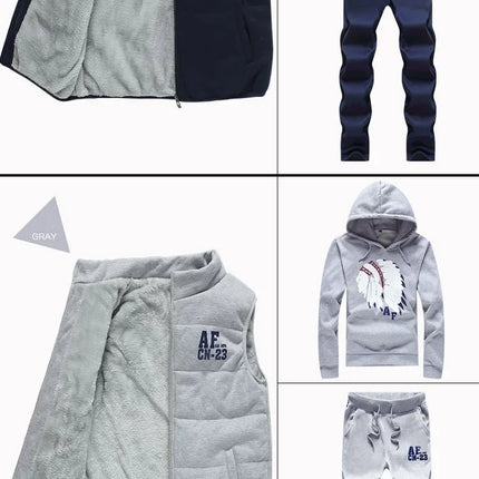 3 Pieces Set Hoodies+Vest+Pants Casual Men's Track Suit Clothing Coats Winter Thick Warm Tracksuit for Men Printed Mens Set Vest