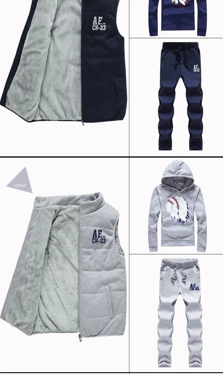 3 Pieces Set Hoodies+Vest+Pants Casual Men's Track Suit Clothing Coats Winter Thick Warm Tracksuit for Men Printed Mens Set Vest