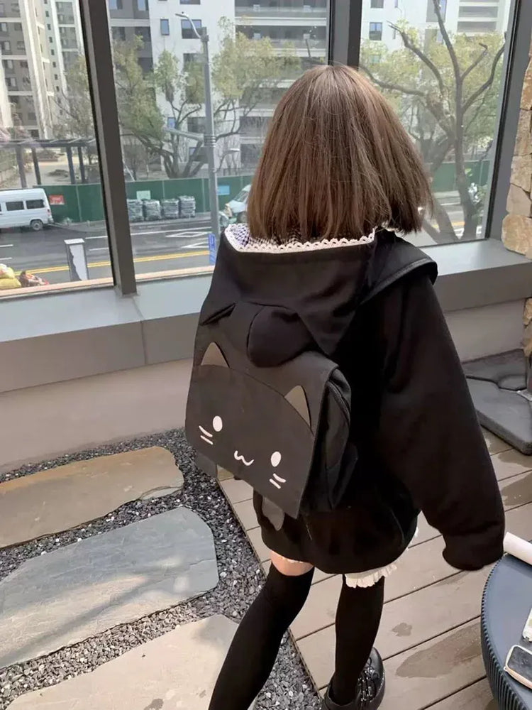 Ropa Mujer Japanese Cute Hoodies Coats Cute Cat Print Hooded Sweatshirts Y2K Tops Women Clothing Casual Zipper Loose Hoodie