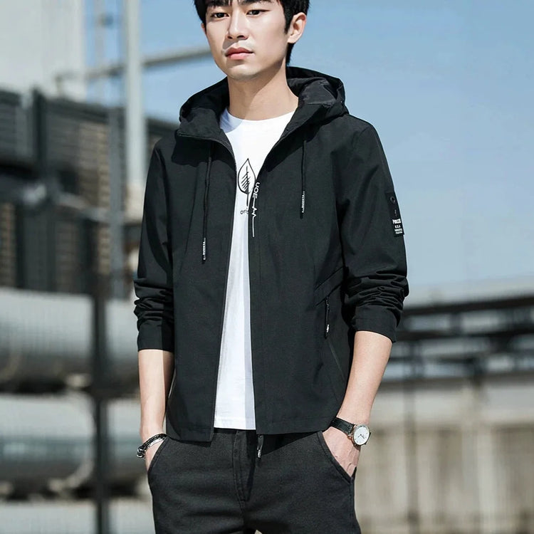 Casual Hooded Men's Jacket Youth Outerwear Spring Autumn New Style Korean Version Anti-Wrinkle Wear-Resistant Windproof Polye...