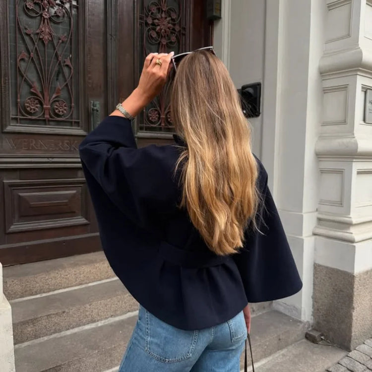 Elegant Wool Blend Cropped Coat With Belt For Women Chic Stand Collar Button Three Quarter Sleeve Jacket 2025 Autumn Outerwear