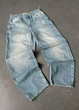 Jeans larghi ricamati modello Joker di tendenza della moda americana Donna Street Y2K Nuovi pantaloni a gamba larga oversize Hip Hop Jeans unisex