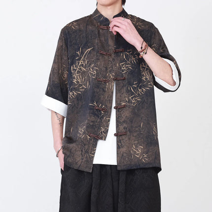 Camicie da uomo estive di lusso in jacquard con foglie di bambù, camicia a maniche corte da uomo in stile cinese tradizionale, camicia casual da uomo per Kung Fu e Tai Chi