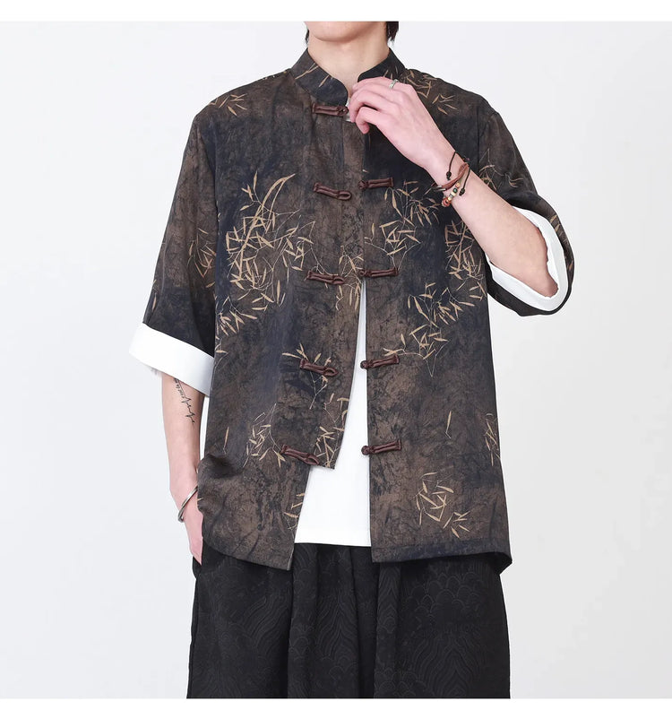Camicie da uomo estive di lusso in jacquard con foglie di bambù, camicia a maniche corte da uomo in stile cinese tradizionale, camicia casual da uomo per Kung Fu e Tai Chi
