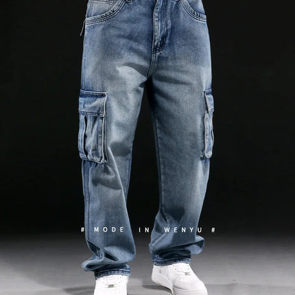 Wide Leg Pant Distressed Cargo Jean Men Jeans Washed Denim Patchwork Solid Full Length Pants Loose Pockets High Street 2025 PlatiNum