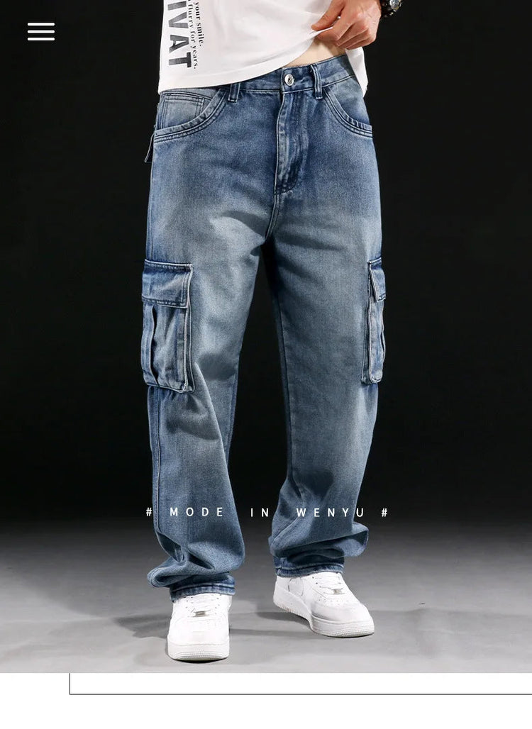 Wide Leg Pant Distressed Cargo Jean Men Jeans Washed Denim Patchwork Solid Full Length Pants Loose Pockets High Street 2025 PlatiNum