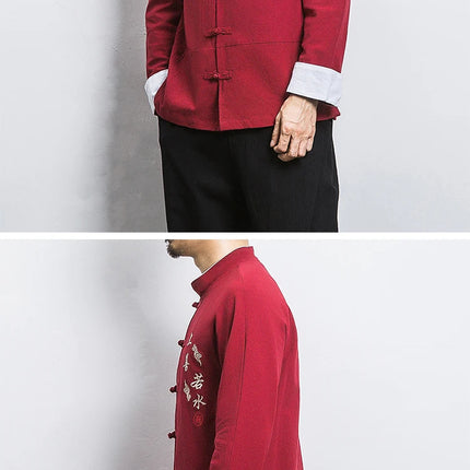 Camicie a maniche lunghe da uomo Ricamo tradizionale in cotone e lino Casual Tang Suit Cardigan da uomo Camicette Kung Fu retrò stile cinese da uomo