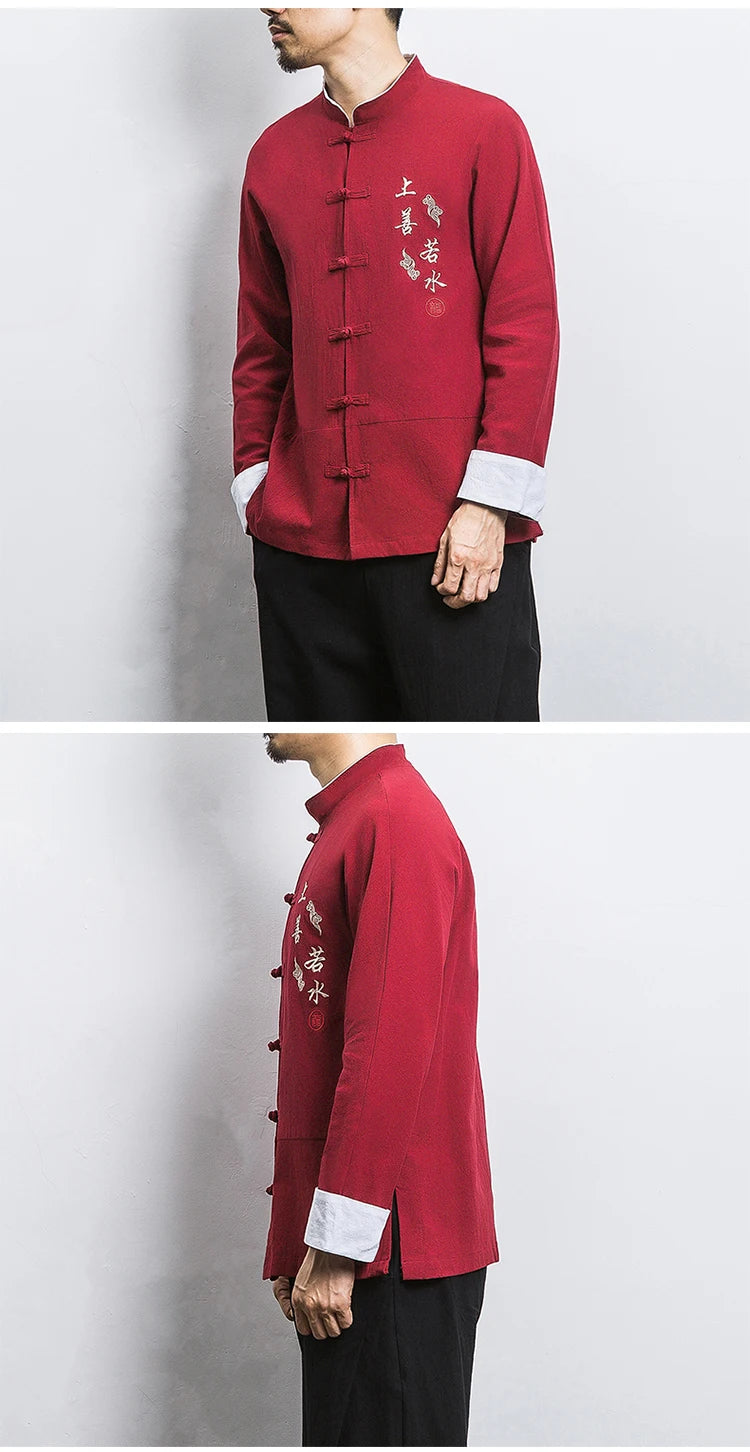 Camicie a maniche lunghe da uomo Ricamo tradizionale in cotone e lino Casual Tang Suit Cardigan da uomo Camicette Kung Fu retrò stile cinese da uomo