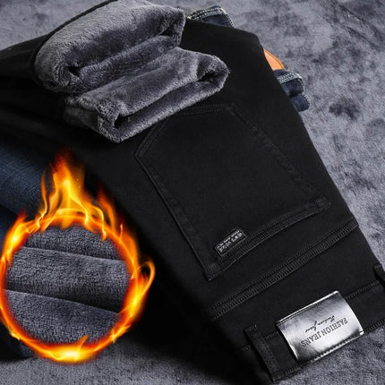 2025 New business casual Trousers Grey Fleece Men Clothes Black Elasticity Warm Winter Jeans Velvet Jeans