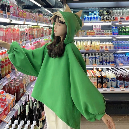 Autumn Women Cartoon Dinosaur Horn Cap Hoodies Harajuku Sweatshirts Cute Front Short Back Long Halloween Dragon Shape Pullovers