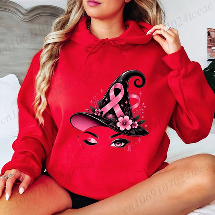 Breast Cancer Awareness Pink October Hoodies Pink Ribbon Witch Hat Halloween Design Graphic Sweatshirts Autumn Winter Hoody Gift