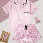 Pigiama da donna in raso di seta Set da studente a maniche corte Homewear Cardigan in due pezzi Risvolto Senso senior di strisce rosa di grandi dimensioni platinumshop