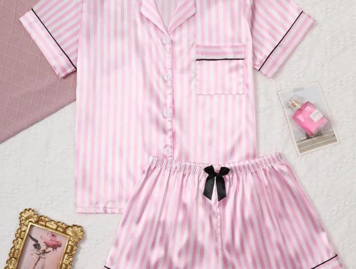 Pigiama da donna in raso di seta Set da studente a maniche corte Homewear Cardigan in due pezzi Risvolto Senso senior di strisce rosa di grandi dimensioni platinumshop