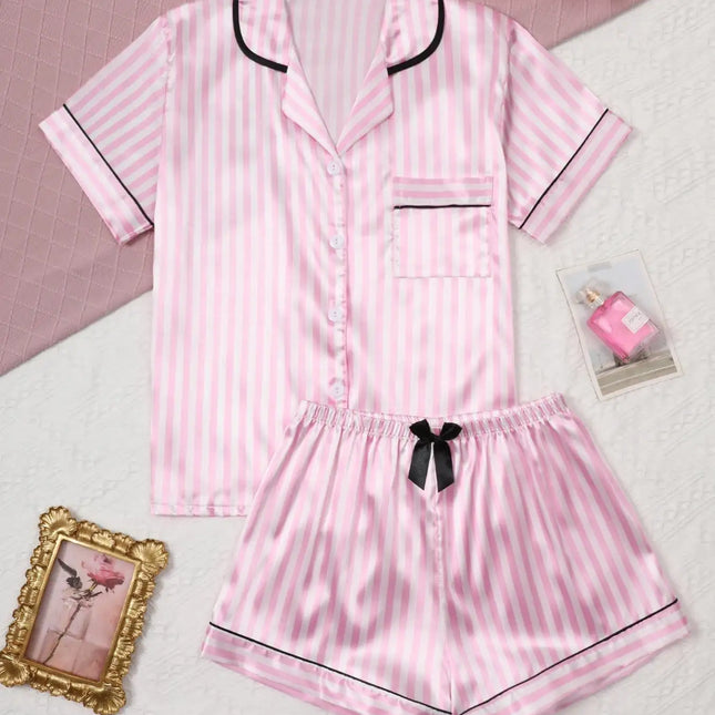 Pigiama da donna in raso di seta Set da studente a maniche corte Homewear Cardigan in due pezzi Risvolto Senso senior di strisce rosa di grandi dimensioni platinumshop