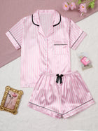 Pigiama da donna in raso di seta Set da studente a maniche corte Homewear Cardigan in due pezzi Risvolto Senso senior di strisce rosa di grandi dimensioni platinumshop