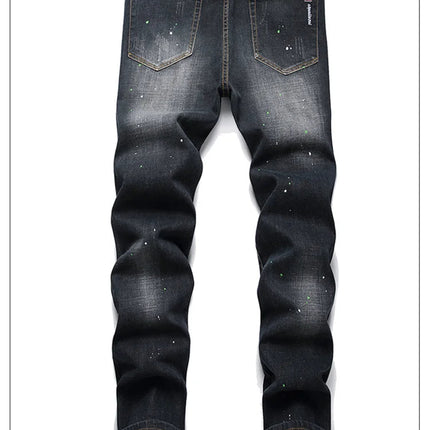 Fashion New Slim Stretch Ripped Jeans Men's Streetwear Paint Spots Denim Pants Hip Hop Punk Personality Hole Male Trousers PlatiNum