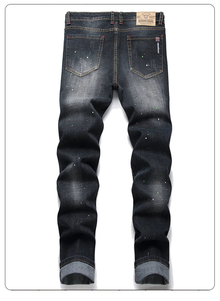 Fashion New Slim Stretch Ripped Jeans Men's Streetwear Paint Spots Denim Pants Hip Hop Punk Personality Hole Male Trousers PlatiNum