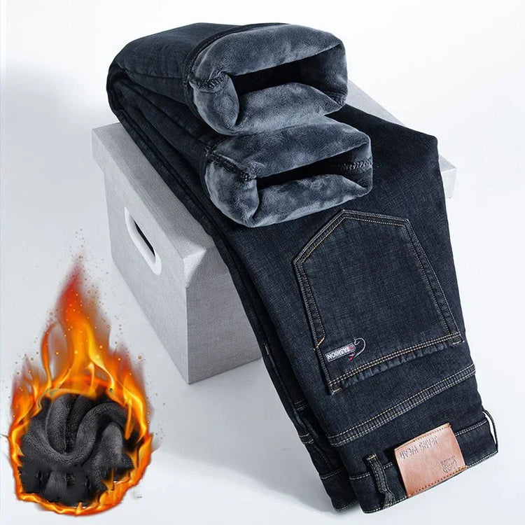 2025 New Winter Warm Jeans Men's Fleece Thickened Slim Straight Trousers Fashion Stretch Cotton Casual Denim Pants Brand Clothes