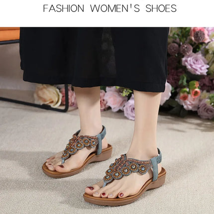 New 2026 Women's Summer Bohemian Style Sandals, Flip-Flop Design with Beaded and Rhinestone Buckle, Elastic Heel Strap, Comfortable Everyday Shoes
