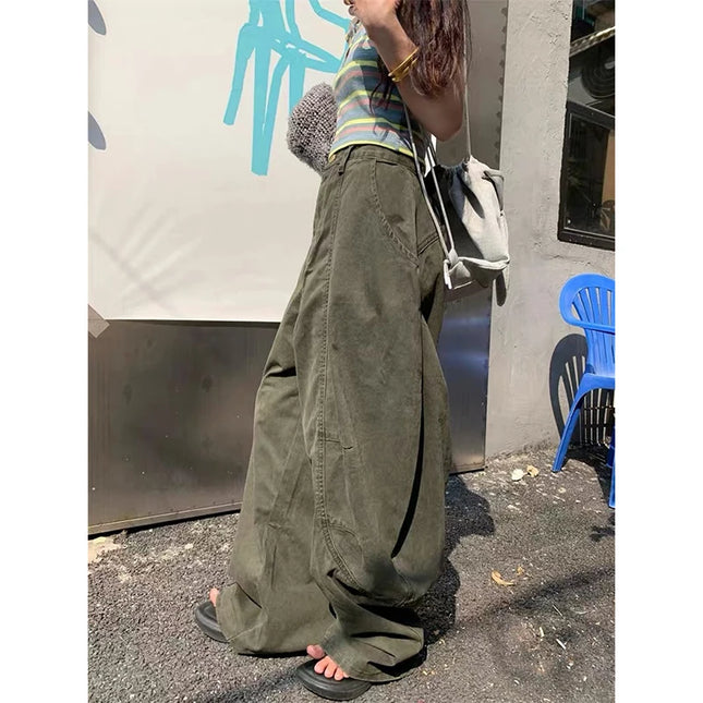 YIBASHU Y2K Vintage Wash Women's Cargo Jeans Harajuku Scimitar Wide Leg American Retro Denim Pants Loose Gyaru Streetwear