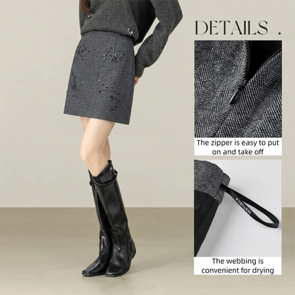 SENTUBILA Women's Sequin Skirt 2025 Elegant Wool Blend Bead Embroidery A Line Short Skirt Winter Thick Commute Clothes 161QA6559 PlatiNum