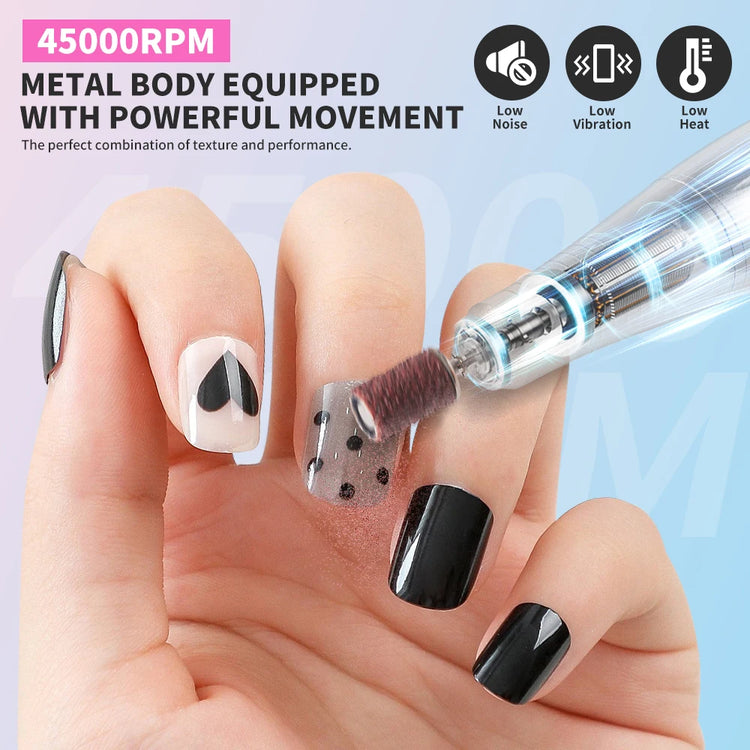LIMEGIRL Portable Electric Nail Drill File 45000 RPM Rechargeable Electric Nail File Machine Kit for Acrylic Gel Nails Polishing Removing