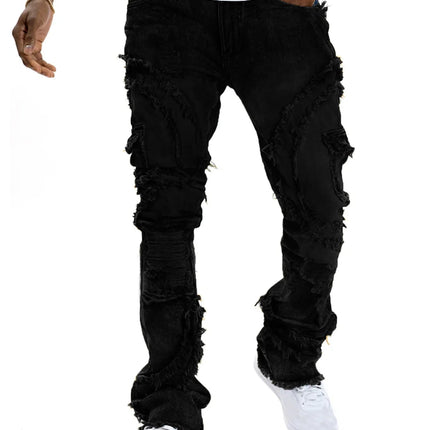 2025 New European and American men's casual jeans, street punk fashion, retro, ripped hole, slightly flared tassel elastic jeans PlatiNum