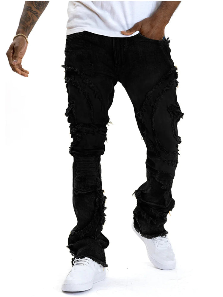 2025 New European and American men's casual jeans, street punk fashion, retro, ripped hole, slightly flared tassel elastic jeans PlatiNum