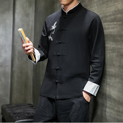 Camicie con ricamo gru Abbigliamento tradizionale cinese vintage Mezza manica da uomo in lino Solido colletto Madarin Cardigan Hanfu Kungfu