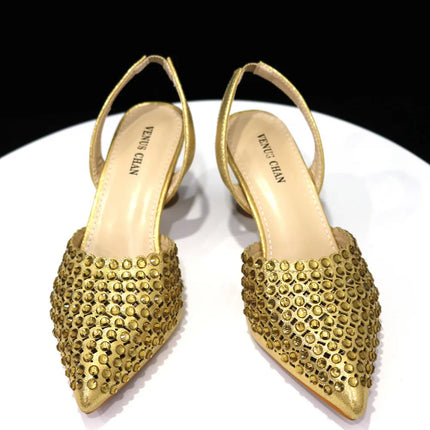 Venus Chan Pointed Toe Heels for Women 2023 Elegant Party Wine Color Full Diamond Pumps Italian Shoes and Bags Matching Set PlatiNum