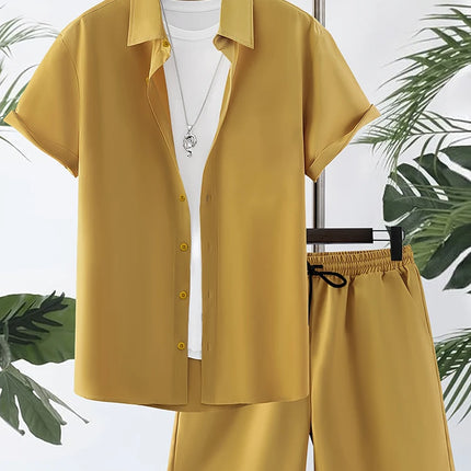 Men's Plain Solid Color Hawaiian Shirt Summer Trend Short Sleeve Shorts 2-Piece Set Casual Daily Shorts Top Suit Oversized Fashion